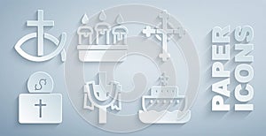 Set Christian cross, Donation for church, Ark of noah, Burning candle in candlestick and fish icon. Vector