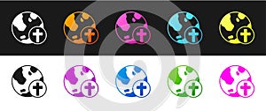 Set Christian cross with globe Earth icon isolated on black and white background. World religion day. Vector