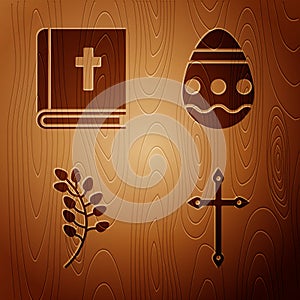 Set Christian cross, Holy bible book, Willow leaf and Easter egg on wooden background. Vector