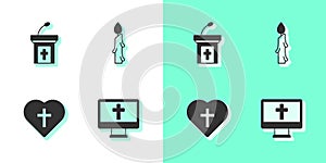 Set Christian cross on monitor, Church sermon tribune, in heart and Burning candle icon. Vector