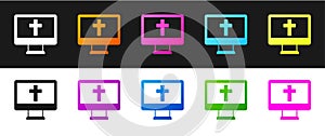 Set Christian cross on monitor icon isolated on black and white background. Church cross. Vector