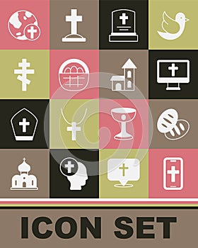 Set Christian cross on phone, bread, monitor, Grave with tombstone, Basket easter eggs, globe and Church building icon