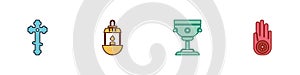 Set Christian cross, Ramadan Kareem lantern, chalice and Jainism or Jain Dharma icon. Vector