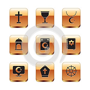 Set Christian cross, Star and crescent, Pope hat, Muslim Mosque, on chain, Dharma wheel and Holy grail or chalice icon