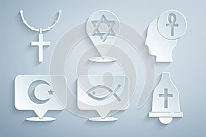 Set Christian fish, Cross ankh, Star and crescent, Church bell, of David and cross on chain icon. Vector