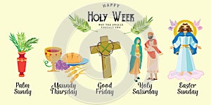 Set for Christianity holy week before easter, Lent and Palm or Passion Sunday, Good Friday crucifixion of Jesus and his