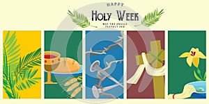 Set for Christianity holy week before easter, Lent and Palm or Passion Sunday, Good Friday crucifixion of Jesus and his