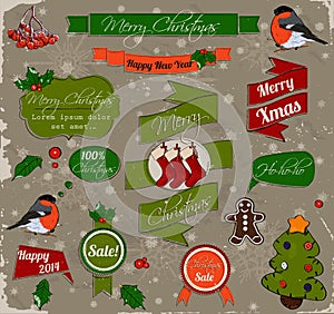 Set of Christmas banners ink style. Ribbons, labels full editable template.