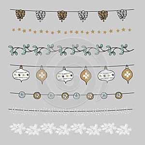 Set of Christmas borders, strings, garlands, brushes. Praty decoration with pine cones, mistletoe, Christmas balls, baubles.