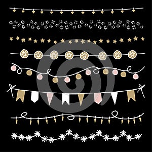 Set of Christmas borders and strings. Hand drawn garlands