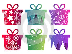 Set of Christmas boxes with a pattern and gradient. Icons isolated on white background. Vector