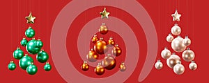 Set of Christmas bubbles forming the shape of a Christmas tree isolated on red background. Christmas decoration. 3D render.
