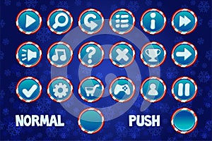 Set Christmas Buttons for Web and 2D Games UI. Normal and Push circle button.