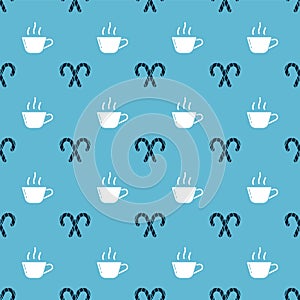 Set Christmas candy cane with stripes and Coffee cup on seamless pattern. Vector