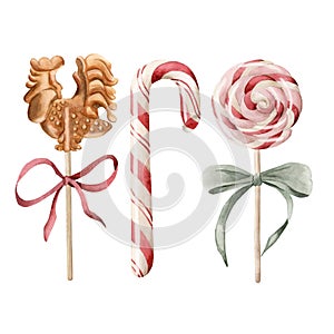 Set of 3 Christmas candy canes and lollipops with ribbon bow. Watercolor illustration isolated on white background