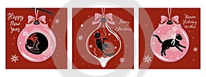 Set of Christmas cards with Christmas balls and black cats. Vector graphics