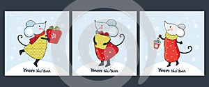 Set of Christmas cards and banners with cute cartoon mice in vector. Funny and happy new year mouse. Hand drawn text Happy New