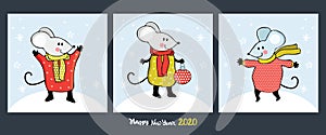 Set of Christmas cards and banners with cute cartoon mice in vector. Funny and happy new year mouse. Hand drawn text Happy New