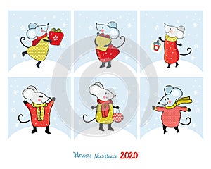 Set of Christmas cards and banners with cute cartoon mice in vector. Funny and happy new year mouse. Hand drawn text Happy New
