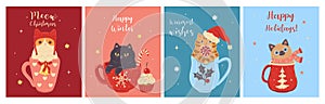 Set of Christmas cards with cute cats in mugs.Vector graphics