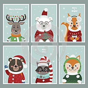 Set of Christmas cards with cute forest animals