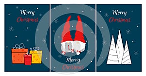 Set of Christmas cards with cute Scandinavian gnomes. Flat cartoon style gnome characters. Vector