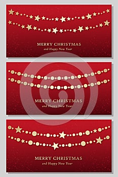 set of christmas cards, gold decorative garland on red background, merry christmas three vector greeting cards