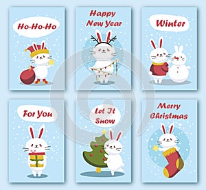 Set of Christmas cards. Rabbits celebrate holidays. Greeting postcards. Happy New Year 2023 posters. Vector templates