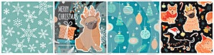 Set of Christmas cards and seamless patterns with cute dogs and winter elements.