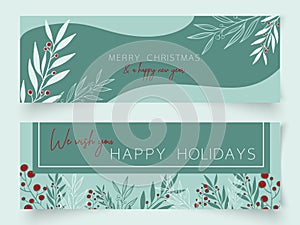 Set of christmas cards templates with branch elements in line art style