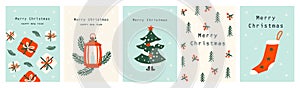 Set Christmas cards with Christmas tree, Christmas elements. Happy holidays. Vecto