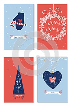 Set of christmas cards with wishes, new year tree, giftboxes holiday decoration over blue and red backround.