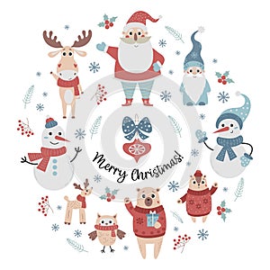 Set Christmas cartoon characters. Old man Santa Claus, gnome, snowman, cute animals bear and chipmunk, deer, elk and owl