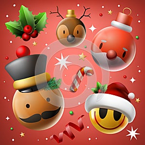 Set of Christmas Character Design. Cartoon avatars Santa Claus, nutcracker, elf, reindeer, candy stick, holy berry