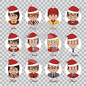 Set of Christmas characters. Set of avatars office team in Christmas hats. Characters in Christmas caps.Christmas icons