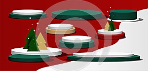Set of Christmas circle base. Collection of podium stands isolated on Red, White background. Stage empty for decorated product.