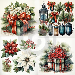 Set of Christmas clip art in watercolor style