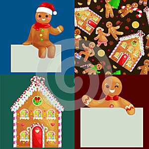 Set christmas cookies gingerbread man and girl near sweet house decorated with icing dancing and having fun in a cap