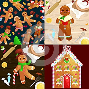 Set christmas cookies gingerbread man and girl near sweet house decorated with icing dancing and having fun in a cap