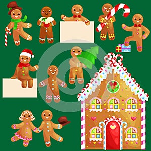 Set christmas cookies gingerbread man and girl near sweet house decorated with icing dancing and having fun in a cap