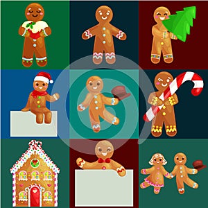 Set christmas cookies gingerbread man and girl near sweet house decorated with icing dancing and having fun in a cap