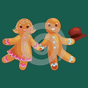 Set christmas cookies gingerbread man and girl near sweet house decorated with icing dancing and having fun in a cap