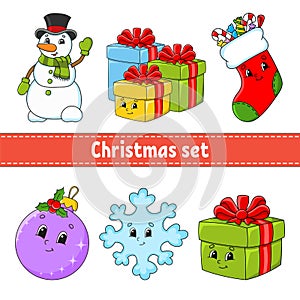 Set of christmas cute cartoon characters. Snowman, gifts, sock, bauble, snowflake, gift. Happy New Year. Hand drawn elements.