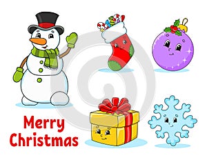 Set of christmas cute cartoon characters. Snowman, sock, bauble, gift, snowflake. Happy New Year. Hand drawn elements. Winter