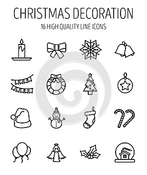 Set of christmas decoration icons in modern thin line style