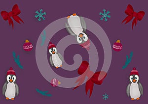Set of Christmas decoration with penguins and symbols, icons elements