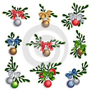 Set of Christmas decorations with spruce branch, garland, pine twig, balls, bows and ribbons. New Year collection