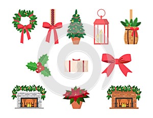 Set of Christmas decorations, wreath, fir tree, fireplace, and lantern, isolated on white background