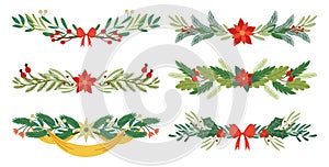 Set Of Christmas Decorative Borders, Enchanting Fir Tree Garlands Of Mistletoe Or Poinsettia Branches, Ribbons And Bows