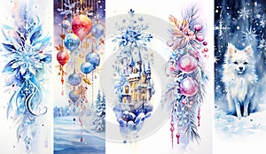 Set of Christmas decorative vertical banners with holiday elements, spruce branches, balls and cute arctic fox.